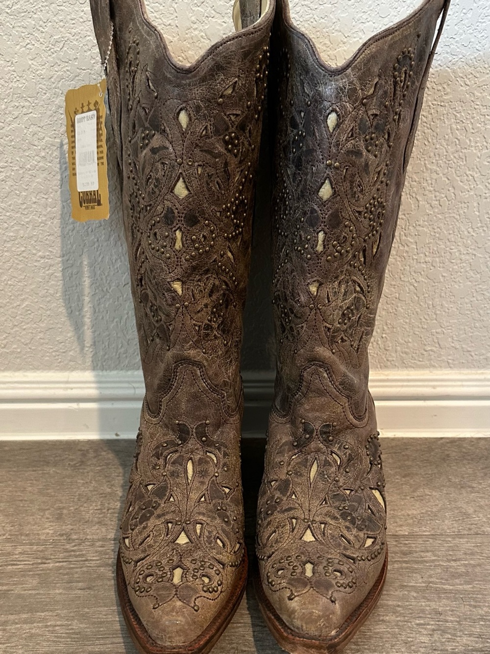 CORRAL Vintage Distressed Leather Studded Cutout Cowboy Boots